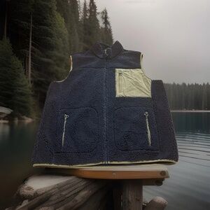 ORVIS Sweater Fleece Knit Vest XL Navy Blue Full Zip Pockets Tan Rip Stop Pocket